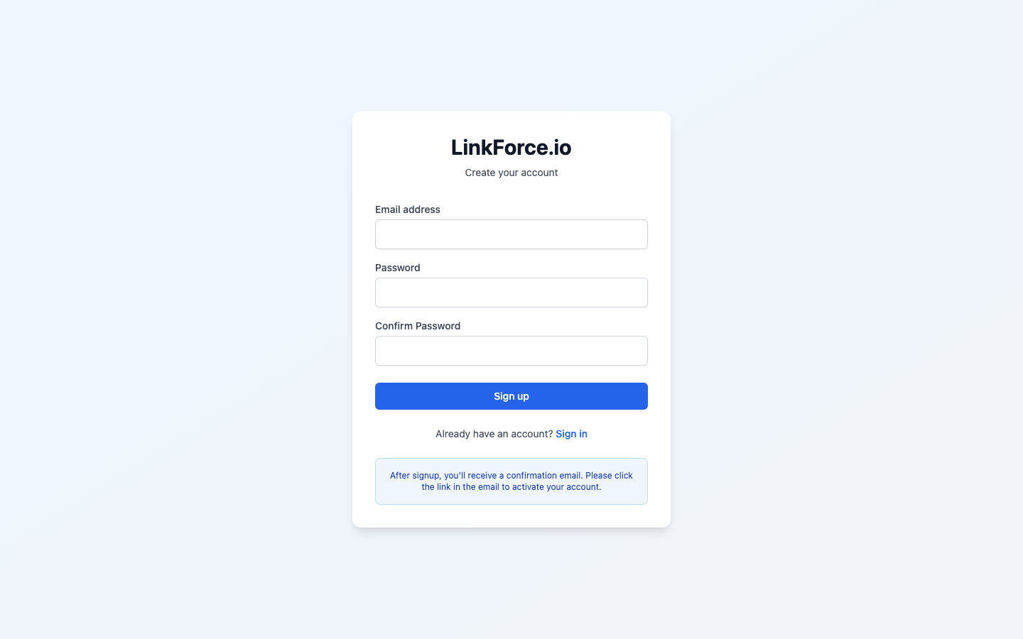The linkforce.io signup screen.