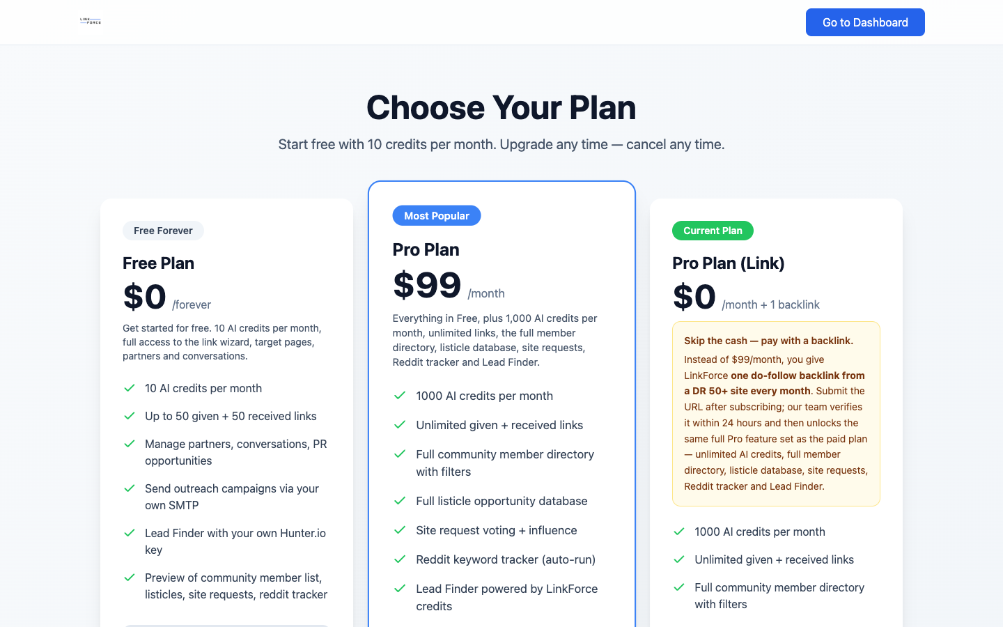 Plans on the Pricing page.
