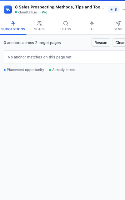 The Chrome extension popup with its five tabs.