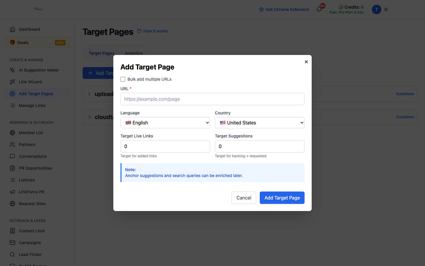 The Add Target Page dialog: URL, language, country and target keywords.