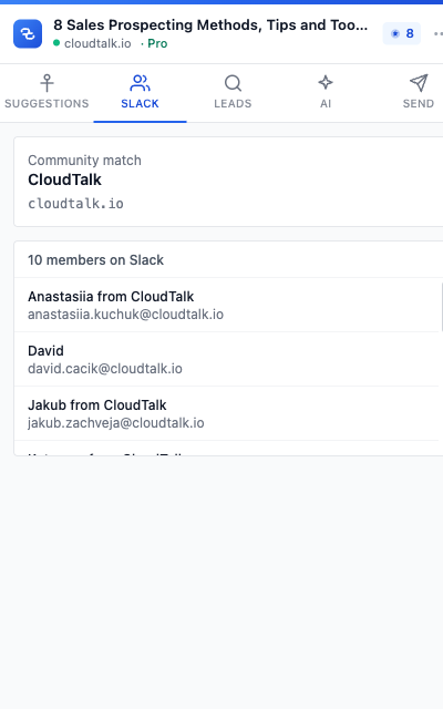 The extension Slack tab: a community match and its members.