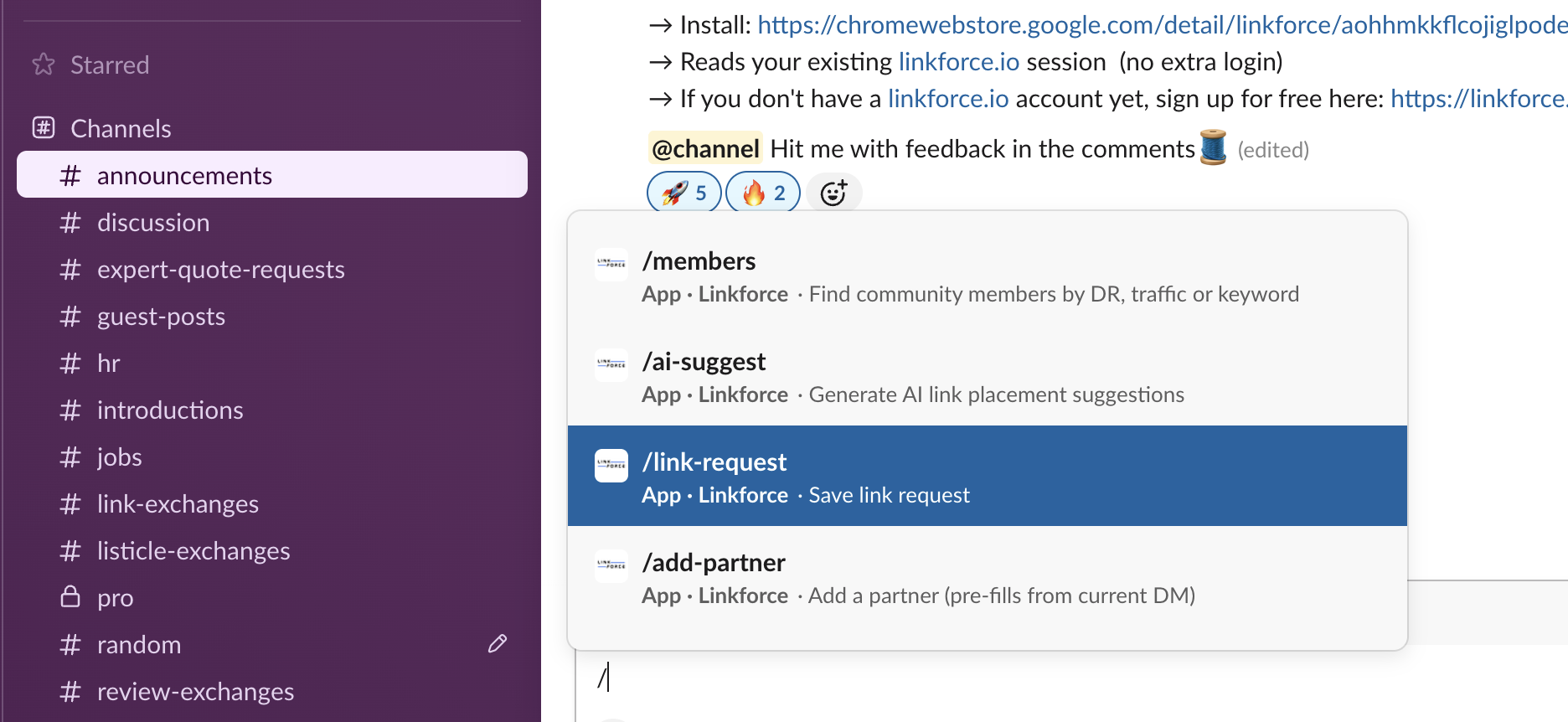 LinkForce slash commands in Slack.