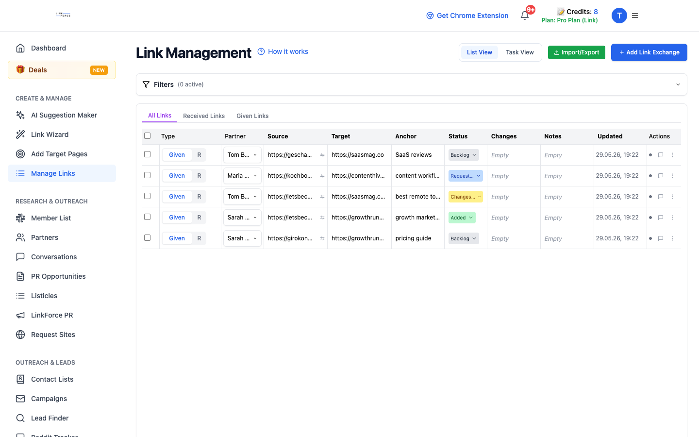 Manage Links with given and received links.