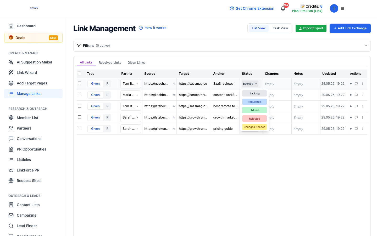Link status options.