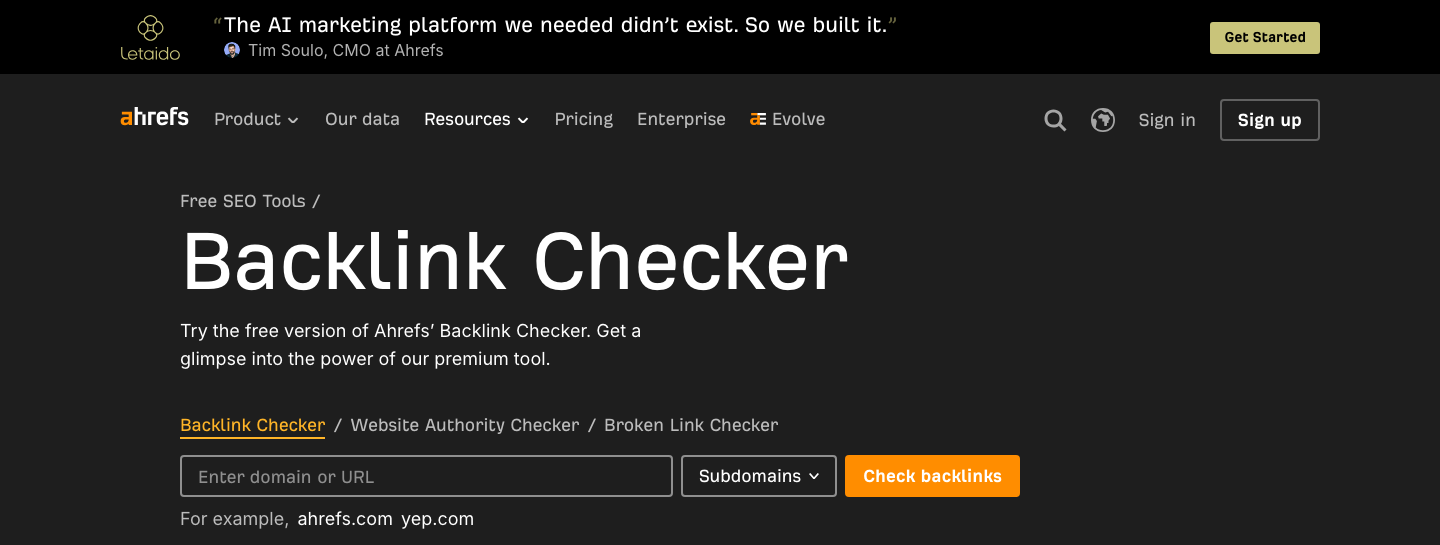 Ahrefs free backlink checker tool interface showing referring domains and backlink metrics used to track event-sourced links
