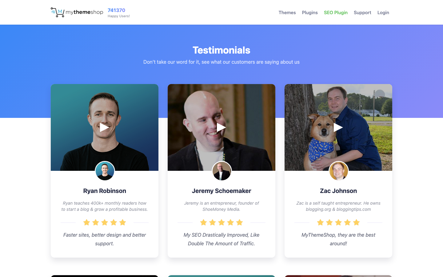MyThemeShop testimonials page showing named customer video testimonials with star ratings