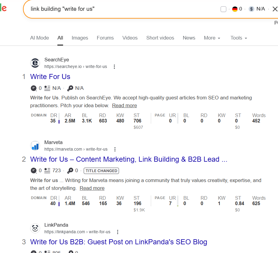 Google search results for the operator query link building write for us showing niche guest post opportunities