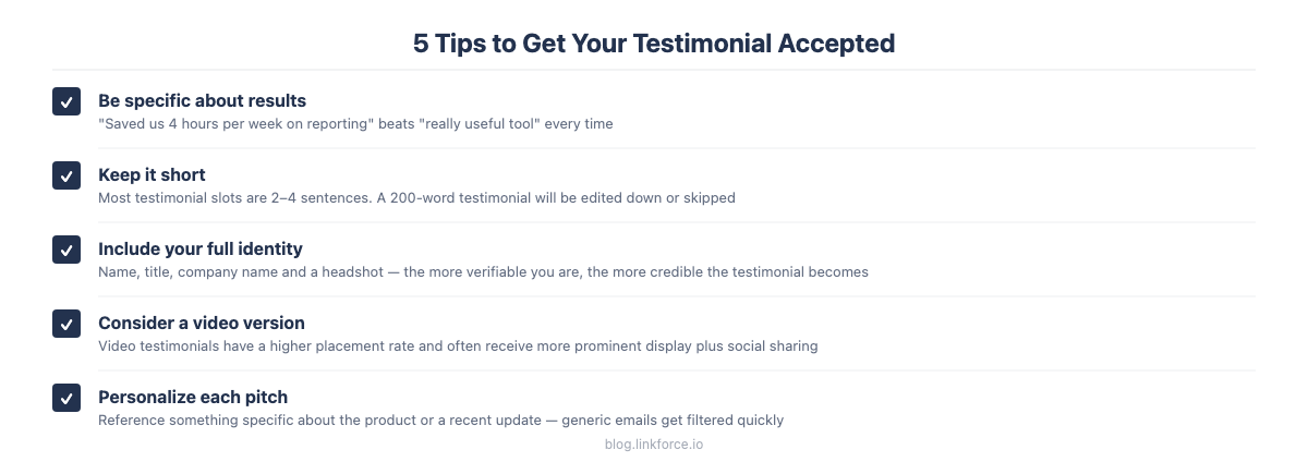 Checklist for Tips for Getting Your Testimonials Accepted and Published
