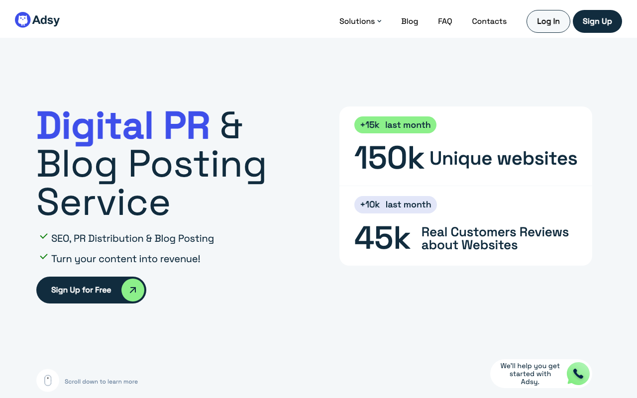Adsy homepage – self-serve guest posting marketplace with 150,000+ sites