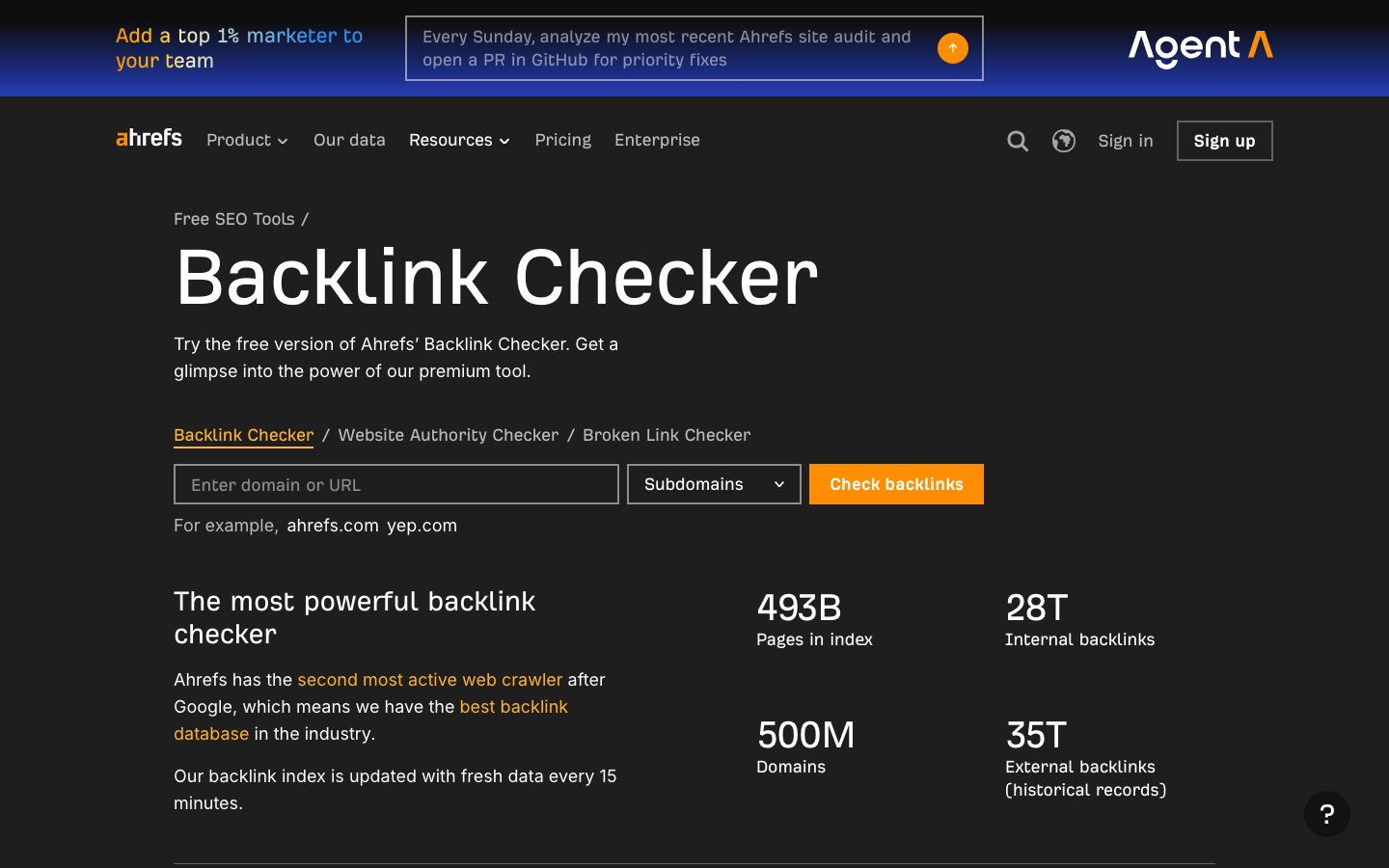 Ahrefs free Backlink Checker interface showing domain search field and index statistics