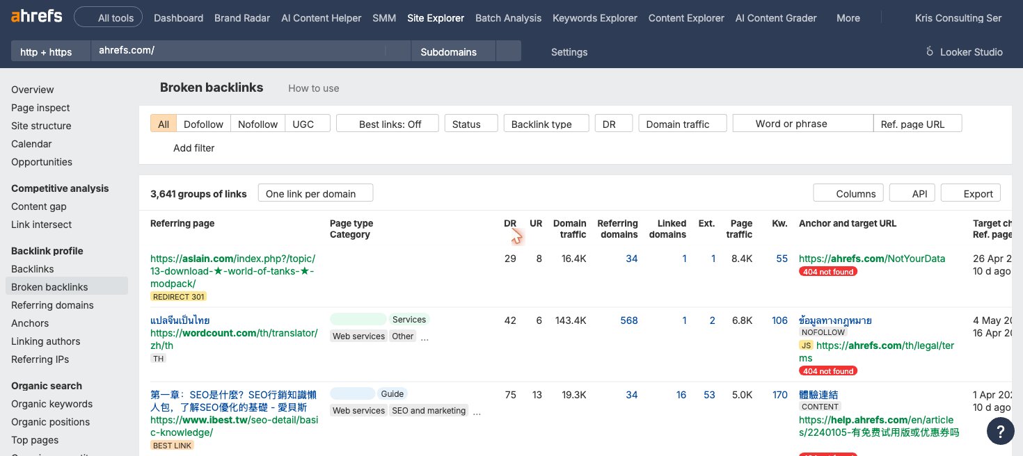Ahrefs Site Explorer broken backlinks report showing 404 pages with DR, UR and traffic columns