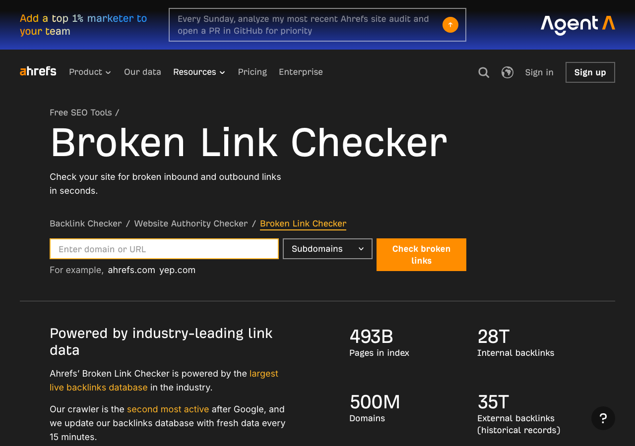 Ahrefs free Broken Link Checker for finding dead inbound and outbound links on any domain