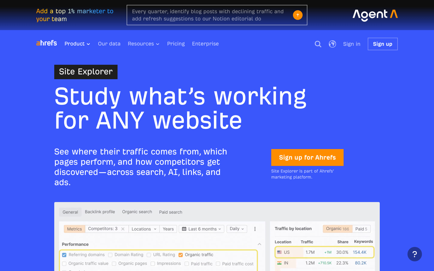 Ahrefs Site Explorer interface showing referring domains metrics and organic traffic data for any website