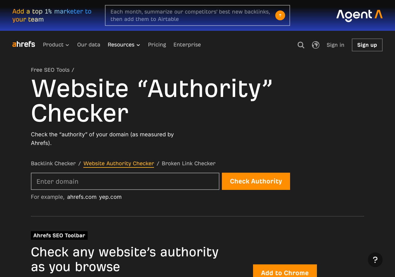 Ahrefs free Website Authority Checker showing Domain Rating for benchmarking competitors