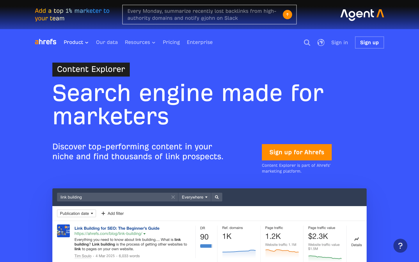 Ahrefs Content Explorer interface for finding guest posting targets