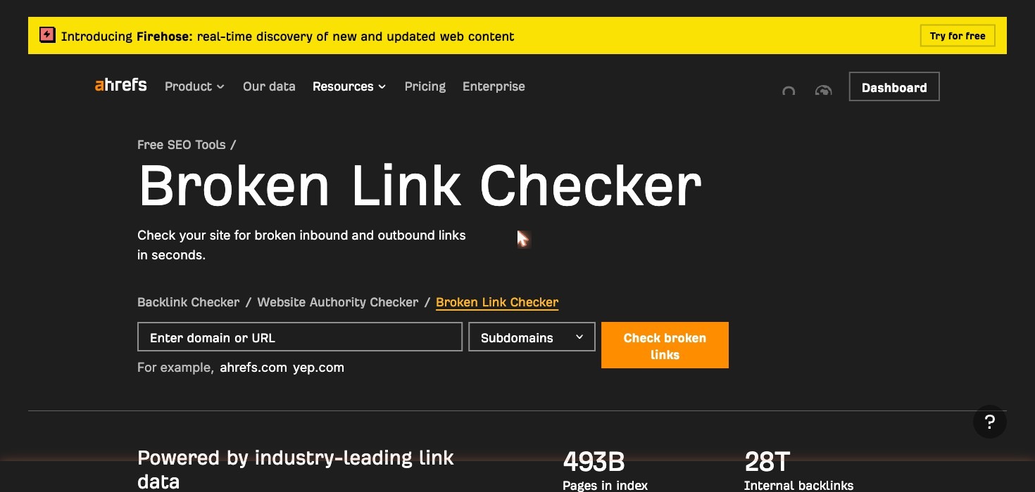 Ahrefs free broken link checker showing database stats: 493 billion pages, 35 trillion external backlinks