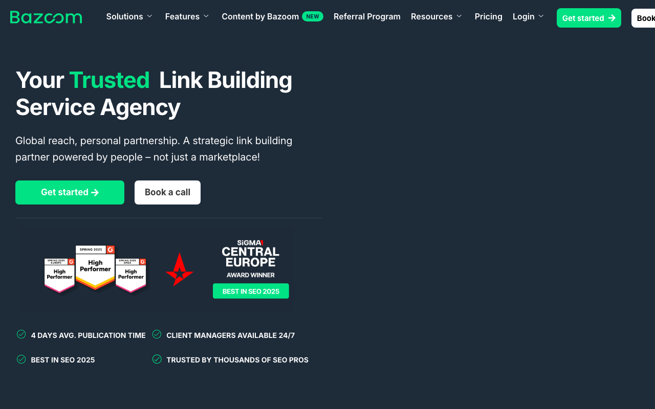 Bazoom homepage screenshot showing the full-service link building marketplace