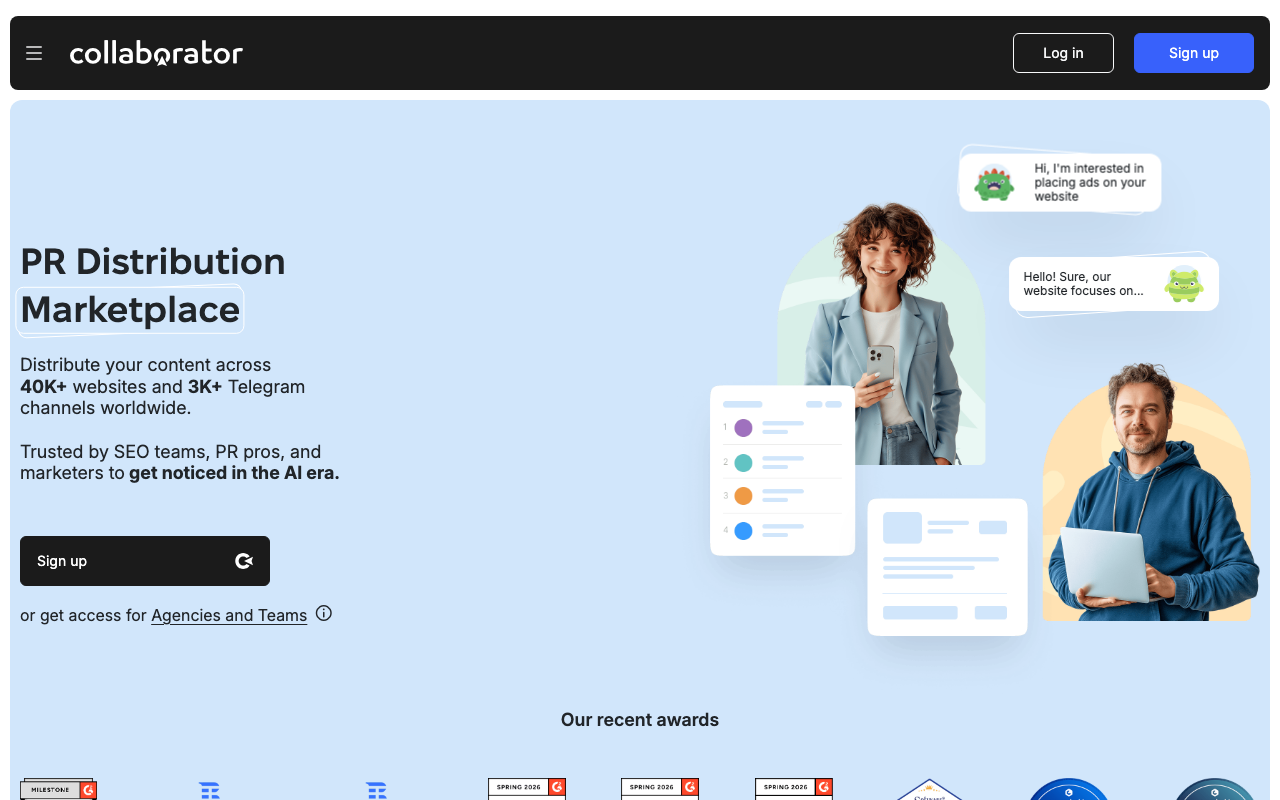 Collaborator homepage screenshot showing the link building marketplace with verified Google Analytics traffic