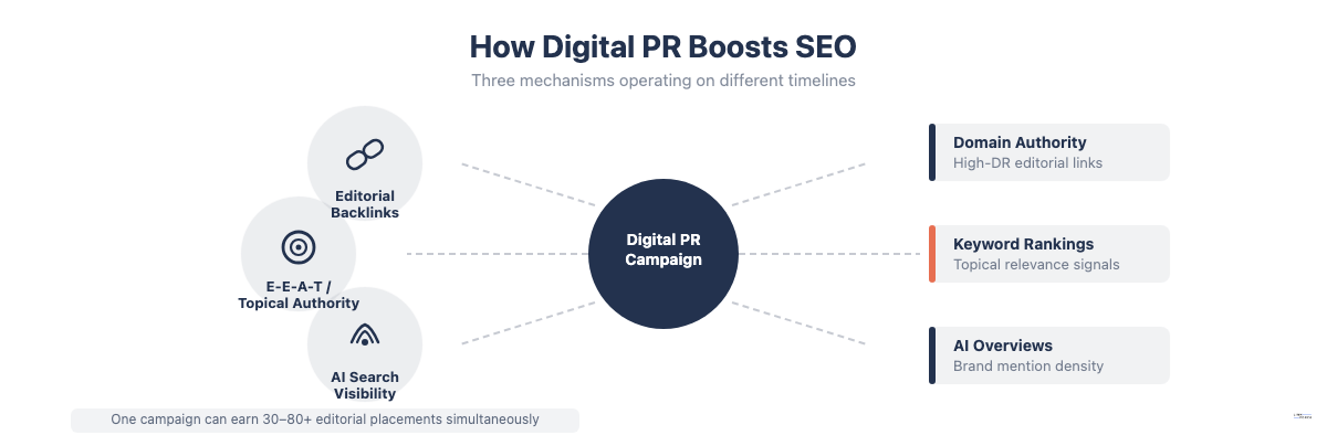 How digital PR boosts SEO through editorial backlinks, E-E-A-T topical authority, and AI search visibility