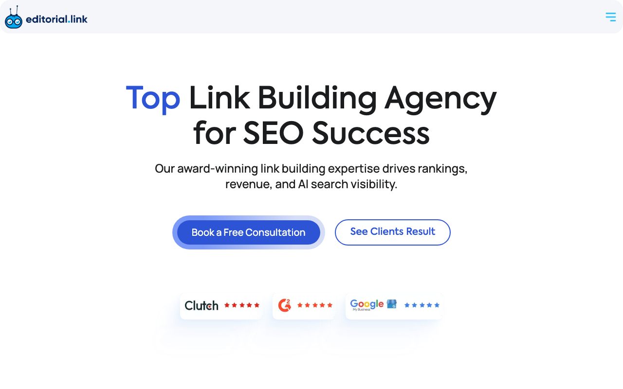 Editorial.Link homepage screenshot showing the premium editorial link building marketplace