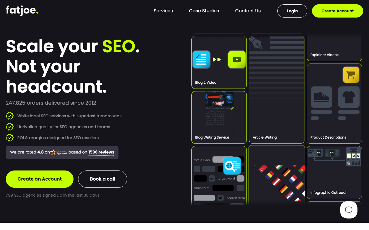 FatJoe homepage screenshot showing the white-label link building and SEO services platform
