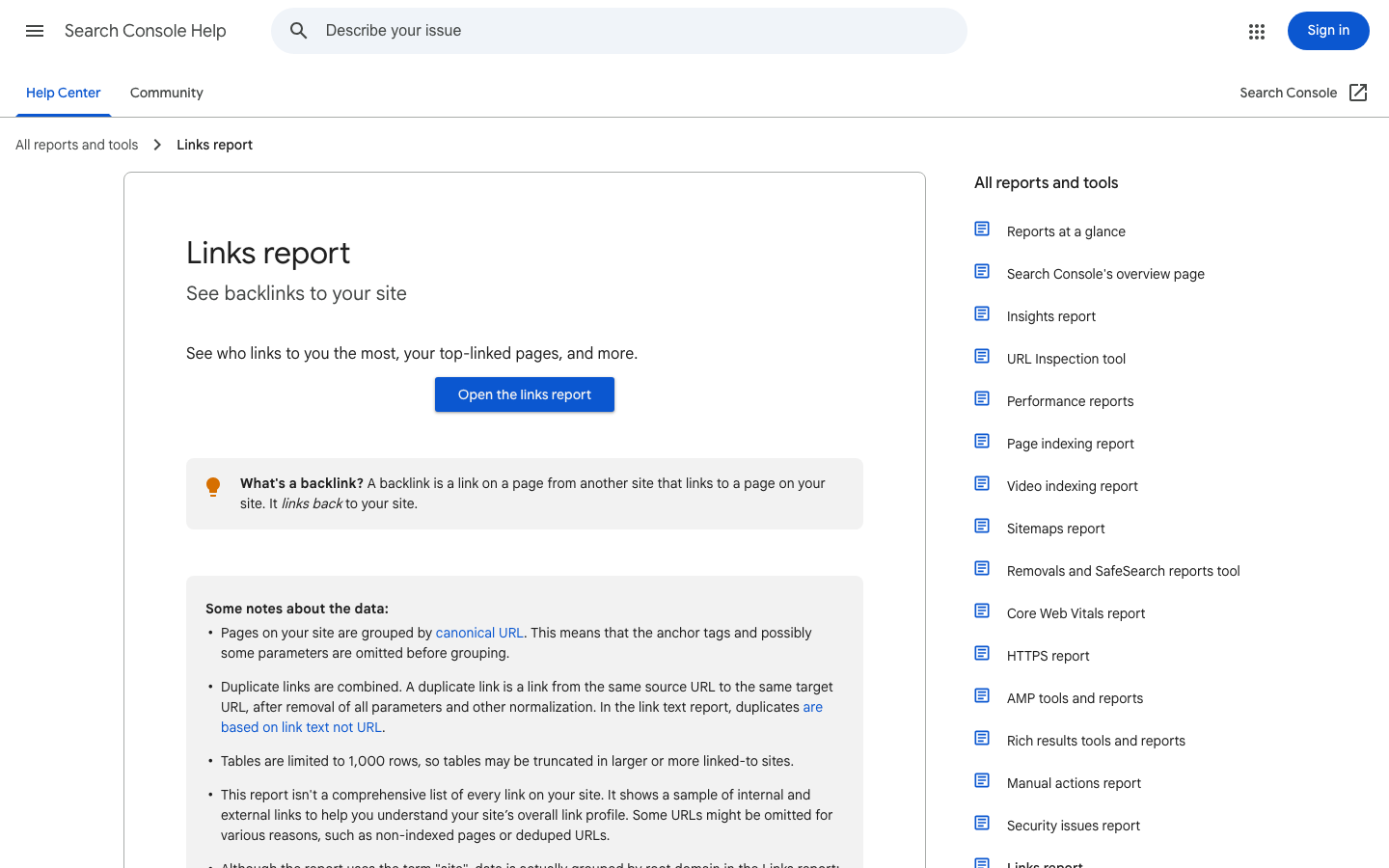 Google Search Console Links report help page showing how to access the external links report