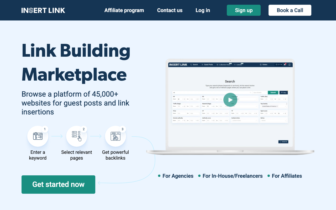 INSERT.LINK homepage screenshot showing the link building marketplace interface