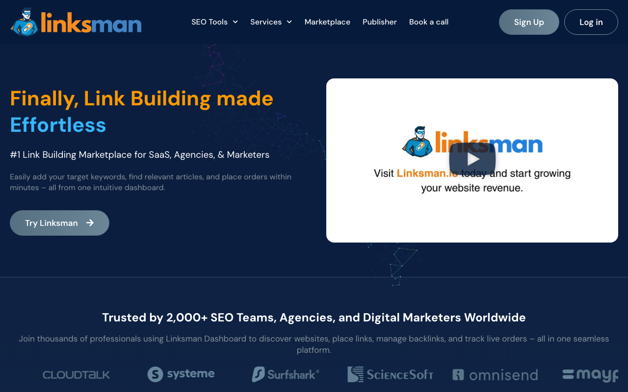 Linksman homepage screenshot showing the manually verified link building marketplace