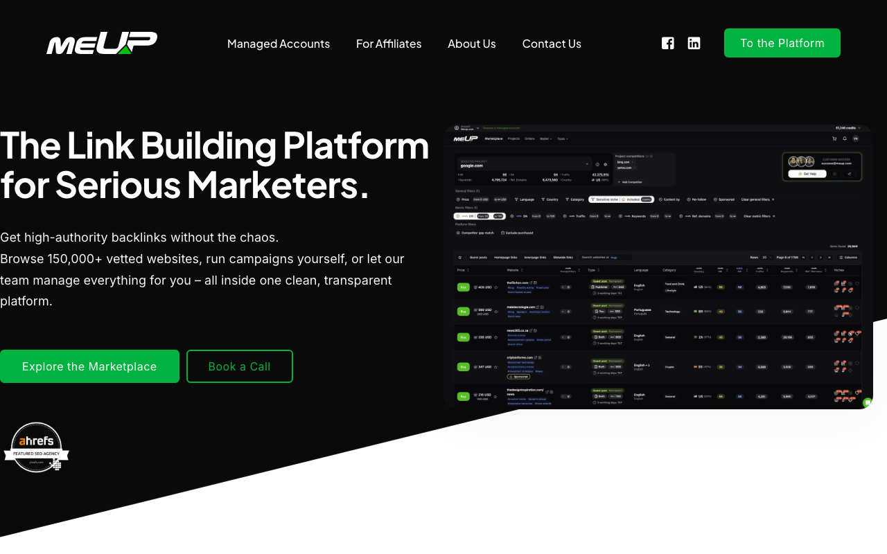 MeUp homepage screenshot showing the high-volume link building marketplace with 120,000+ placements