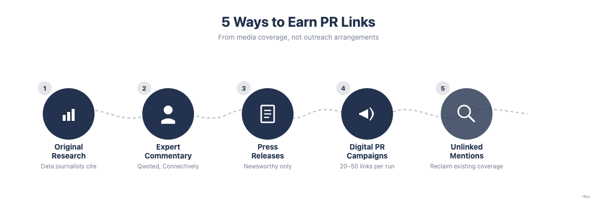 Five tactics to earn PR links: original research, expert commentary, press releases, digital PR campaigns, and unlinked mention reclamation