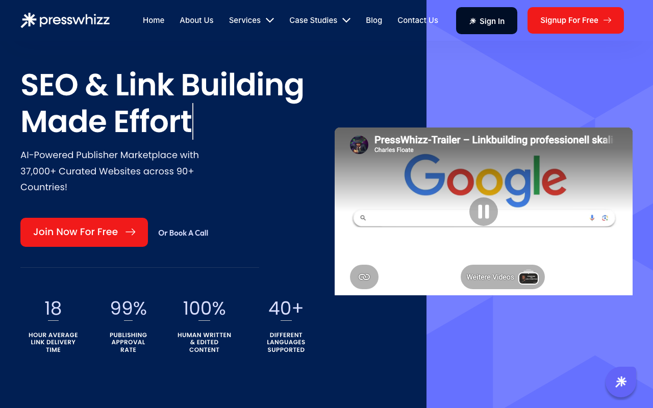 PressWhizz homepage screenshot showing the #1 link building marketplace platform
