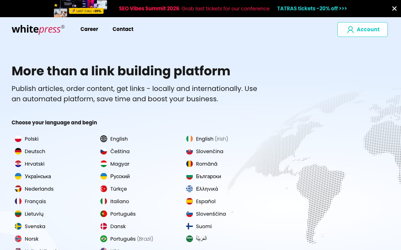WhitePress homepage screenshot showing the international link building marketplace with 90,000+ publishers