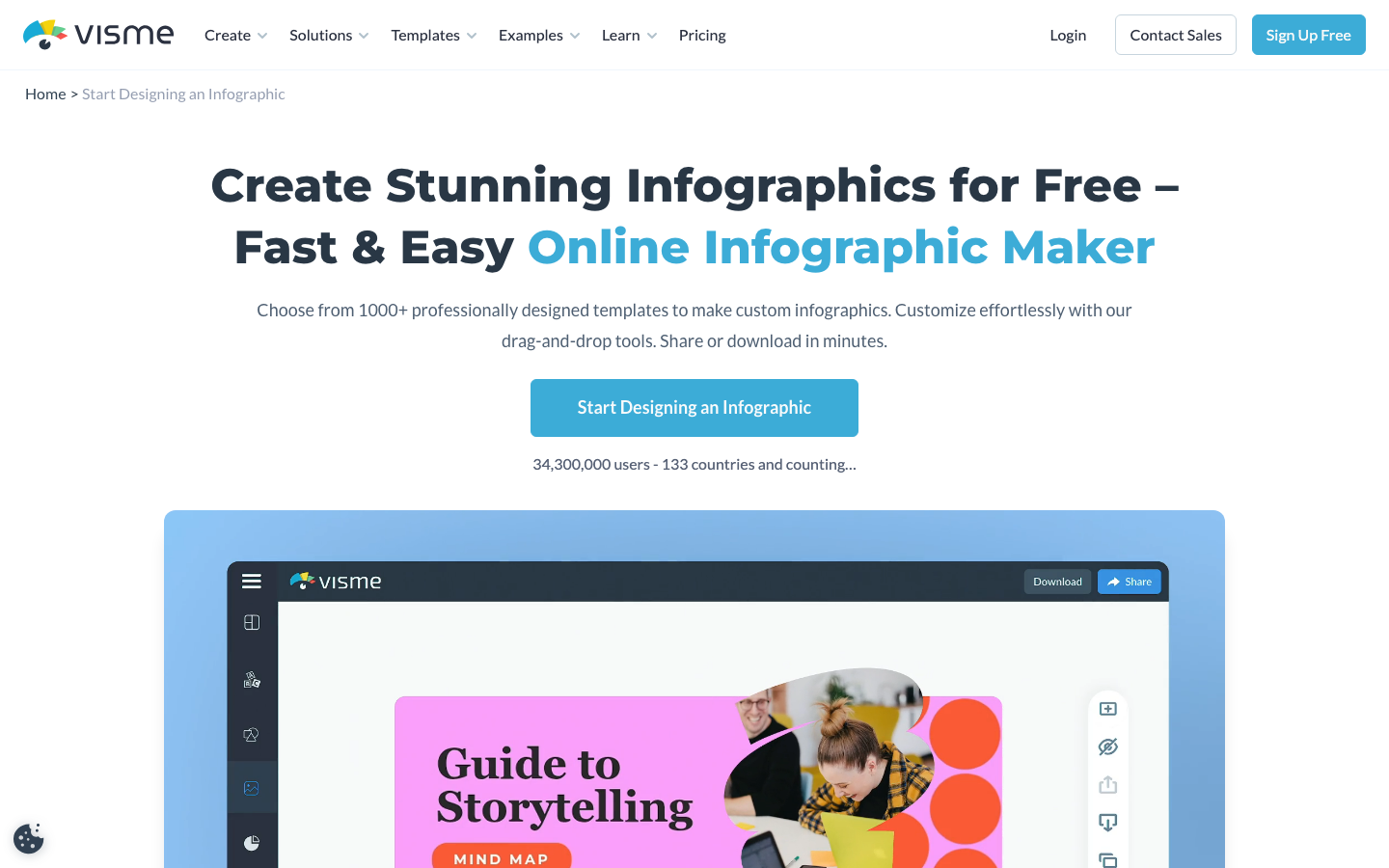 Visme online infographic maker showing drag-and-drop infographic creation tool with templates