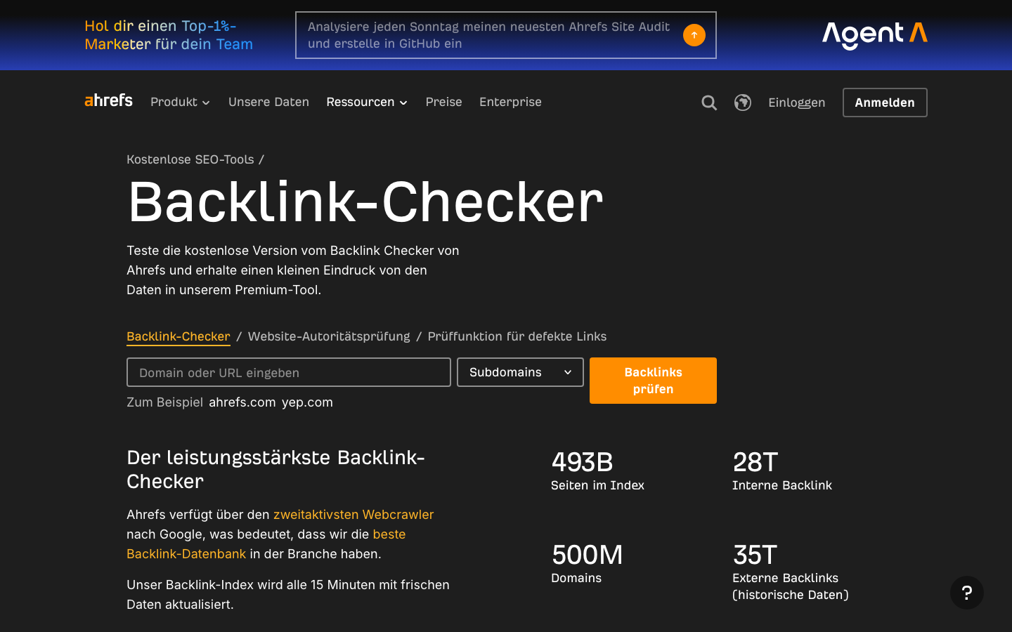 Screenshot: Ahrefs Backlink-Checker - kostenloses Tool zur Konkurrenten-Analyse
