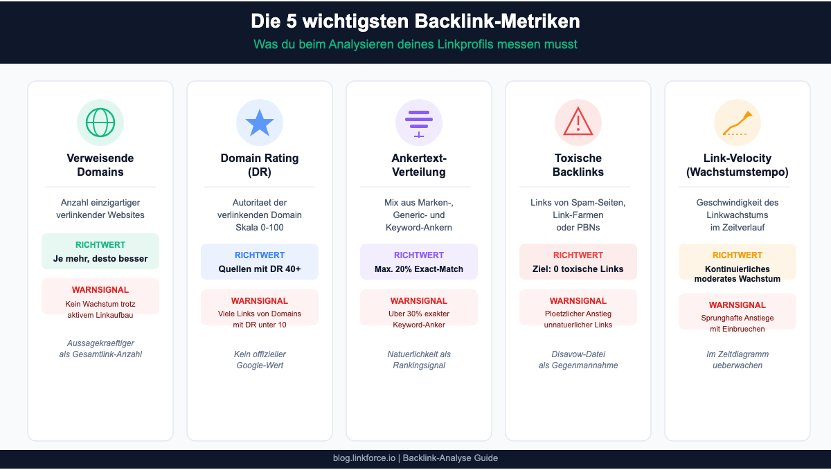 Die 5 wichtigsten Backlink-Metriken im Überblick: Verweisende Domains, Domain Rating, Ankertext-Verteilung, Toxische Backlinks und Link-Velocity mit Richtwerten und Warnsignalen