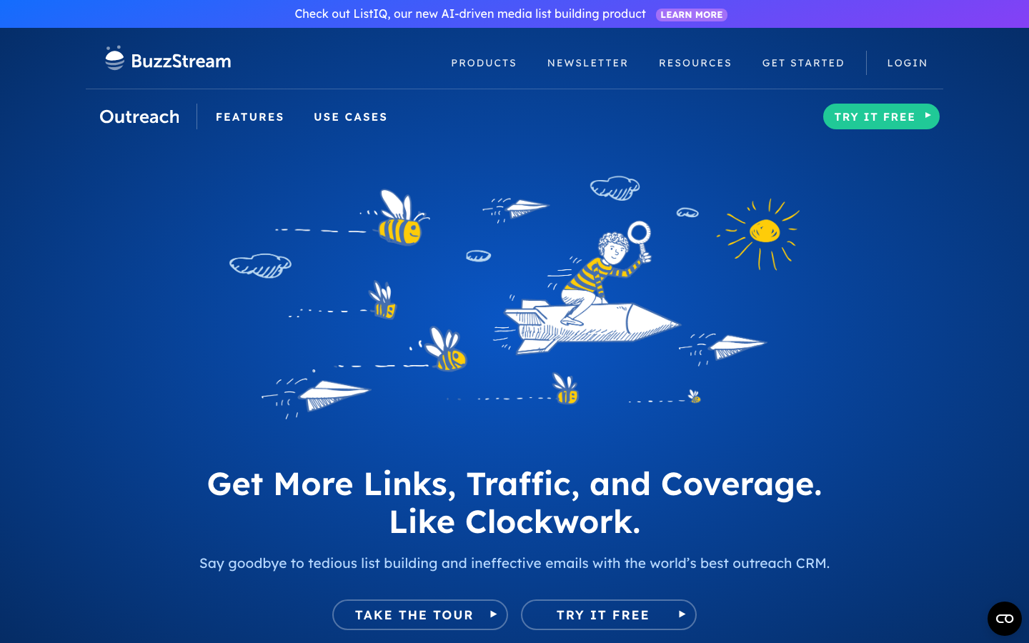 BuzzStream outreach CRM homepage showing pipeline and contact management features