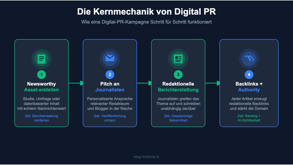 Die Kernmechanik von Digital PR: 4-Schritt-Flow von Asset-Erstellung bis Backlinks und Authority