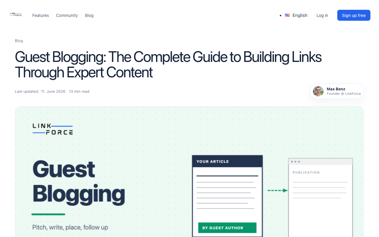 Screenshot: Gastbeitrag-Leitfaden auf blog.linkforce.io zeigt den kompletten Guest-Posting-Prozess