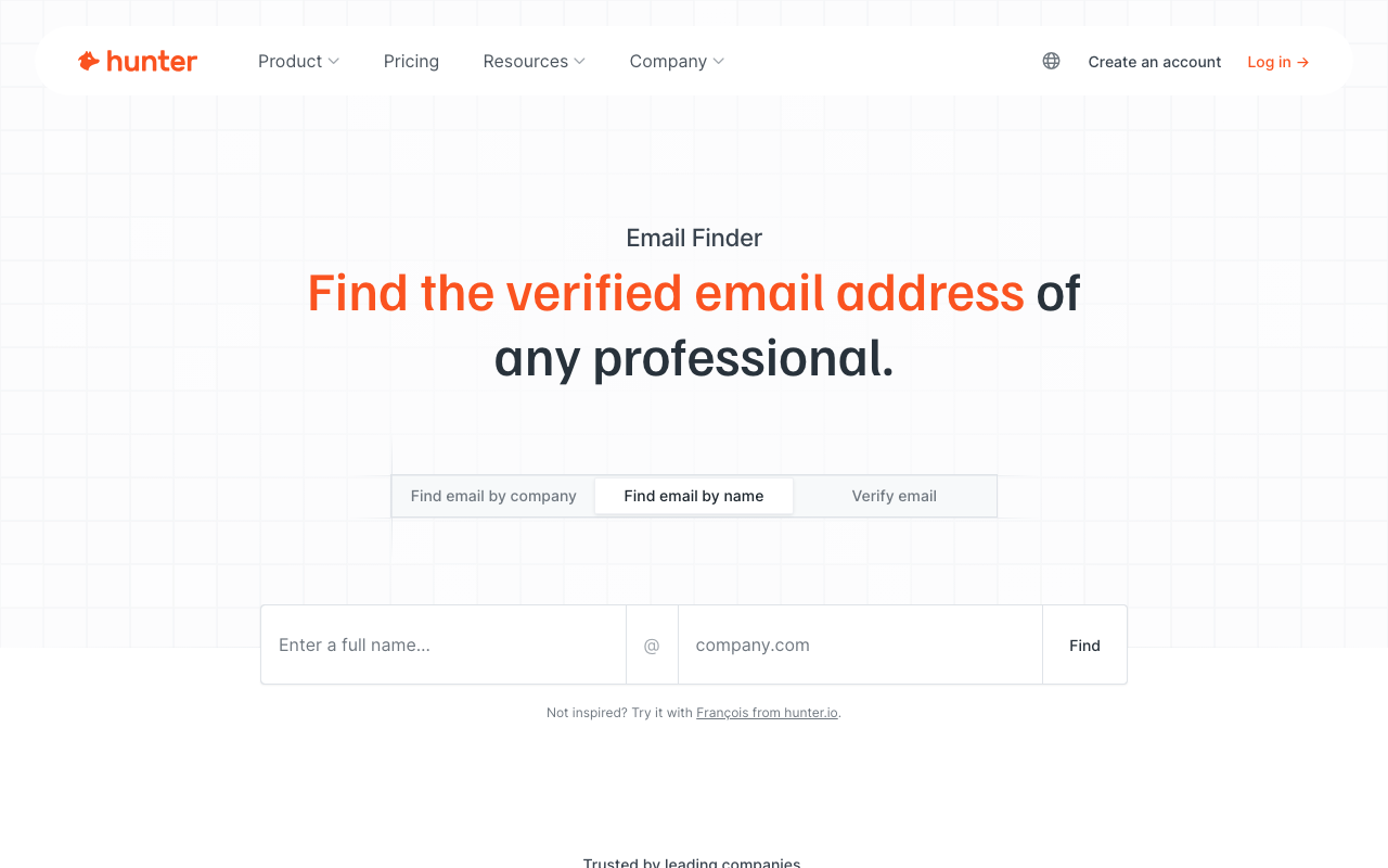 Hunter.io email finder interface showing domain search and name search options