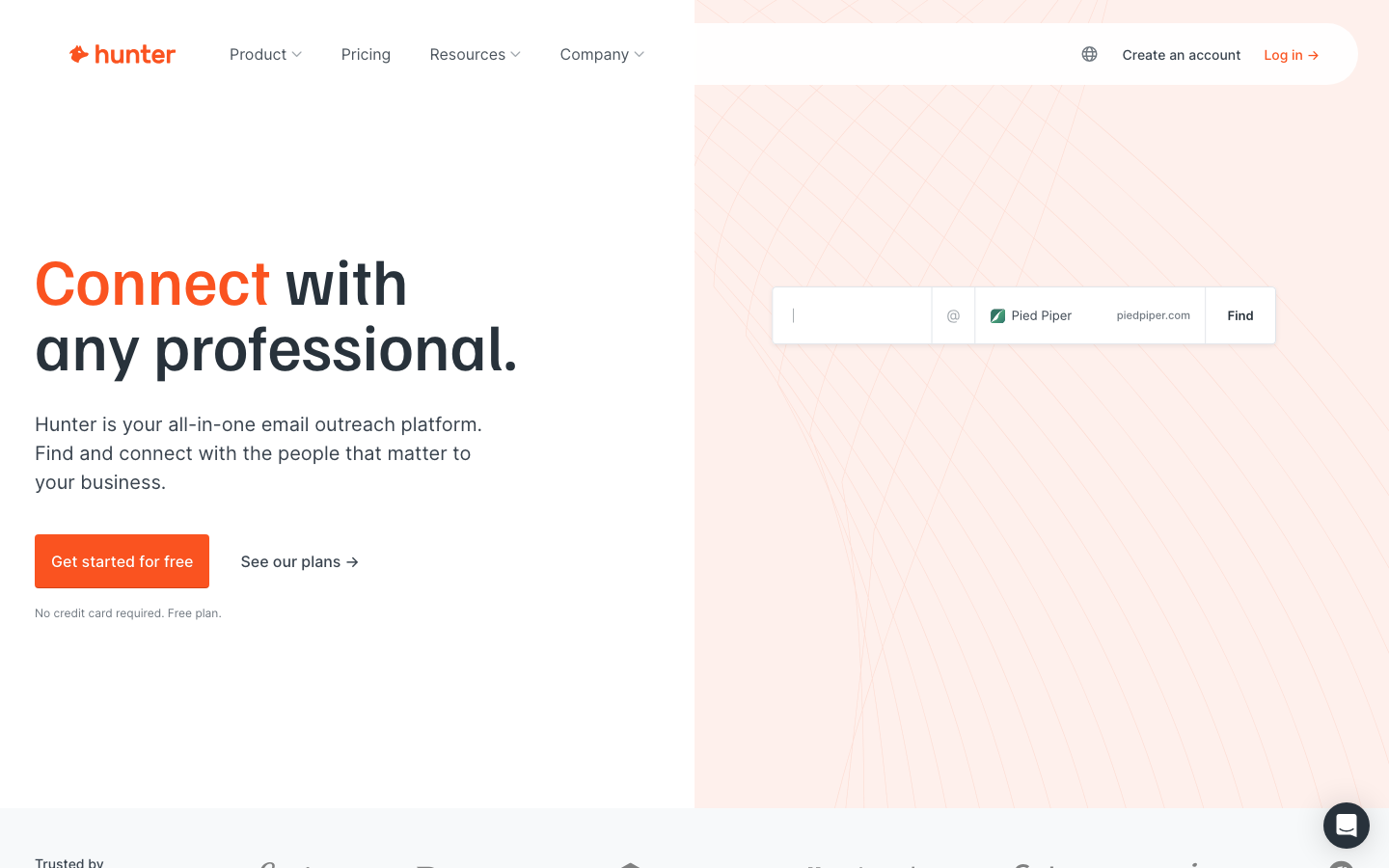 Hunter.io homepage showing email finder and outreach sequences