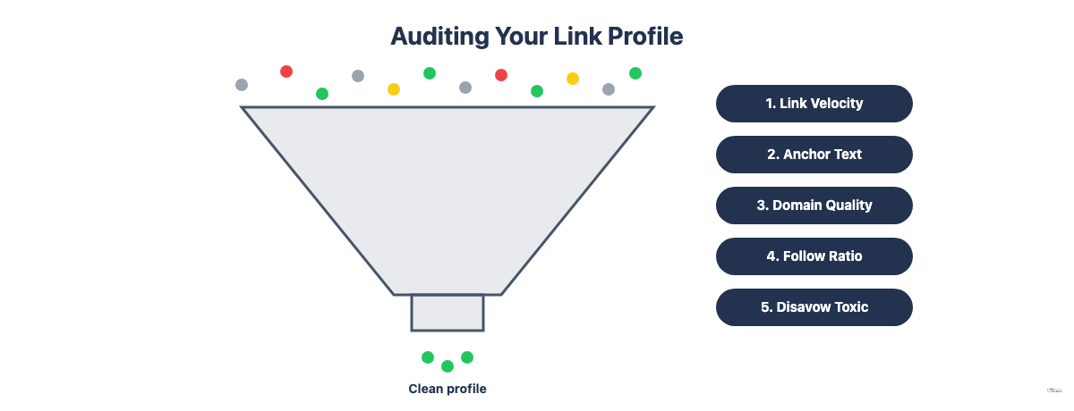 Five-step funnel for auditing a link profile in Ahrefs, from velocity review to disavowing toxic links