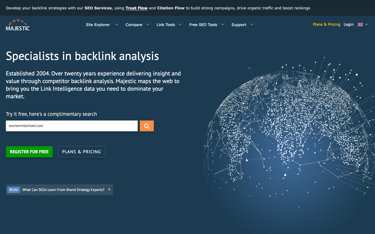 Majestic homepage - Trust Flow and Citation Flow backlink metrics