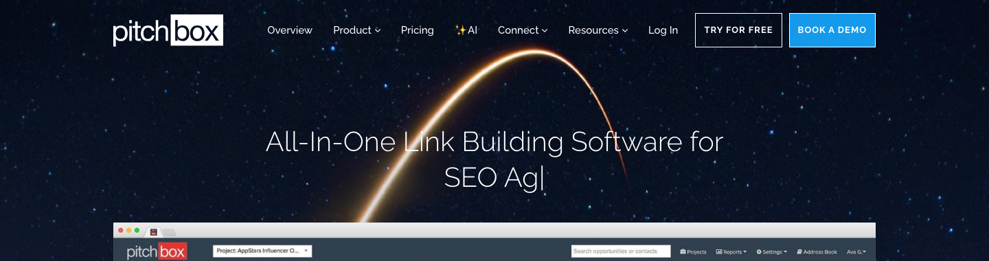 Pitchbox link building outreach platform homepage with SEO tool integrations