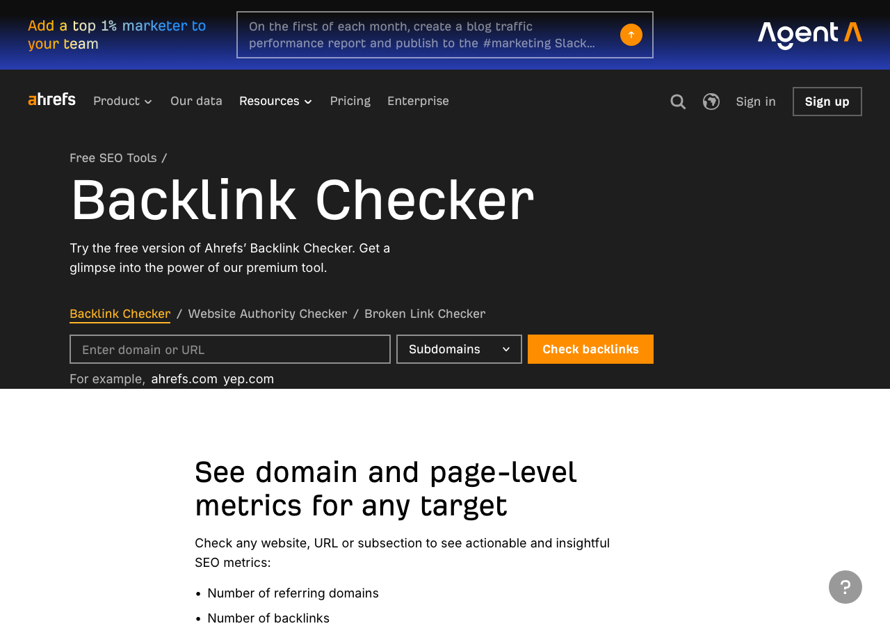 Ahrefs Free Backlink Checker interface showing the domain input field for checking referring domains and backlink counts
