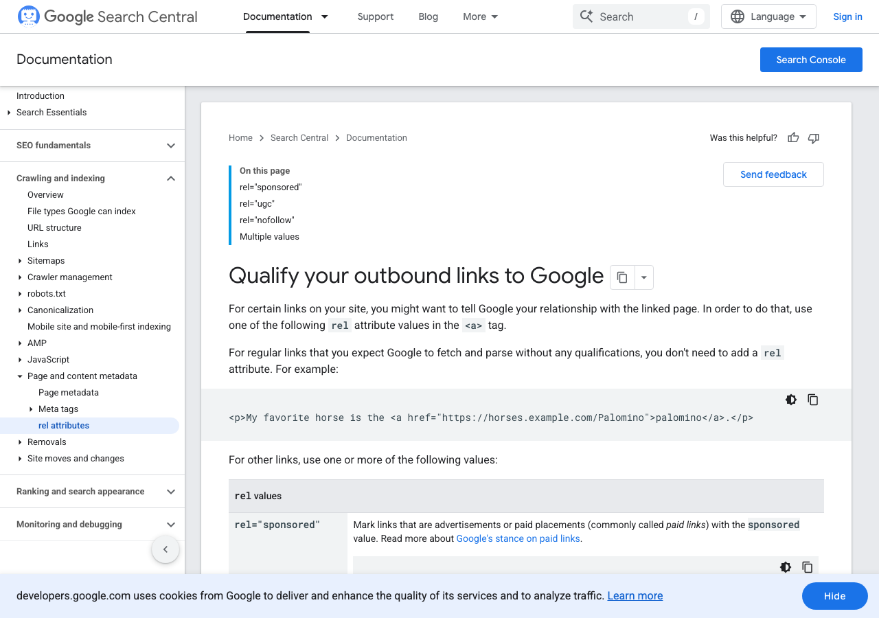 Google Search Central documentation showing rel=nofollow, rel=sponsored, and rel=ugc link attribute values