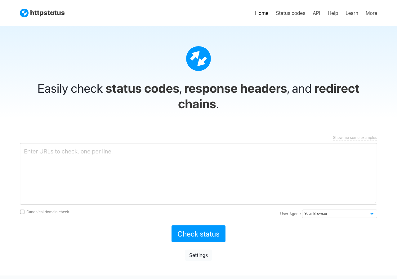 httpstatus.io tool for checking HTTP status codes and redirect chains to verify 301 vs 302 redirects
