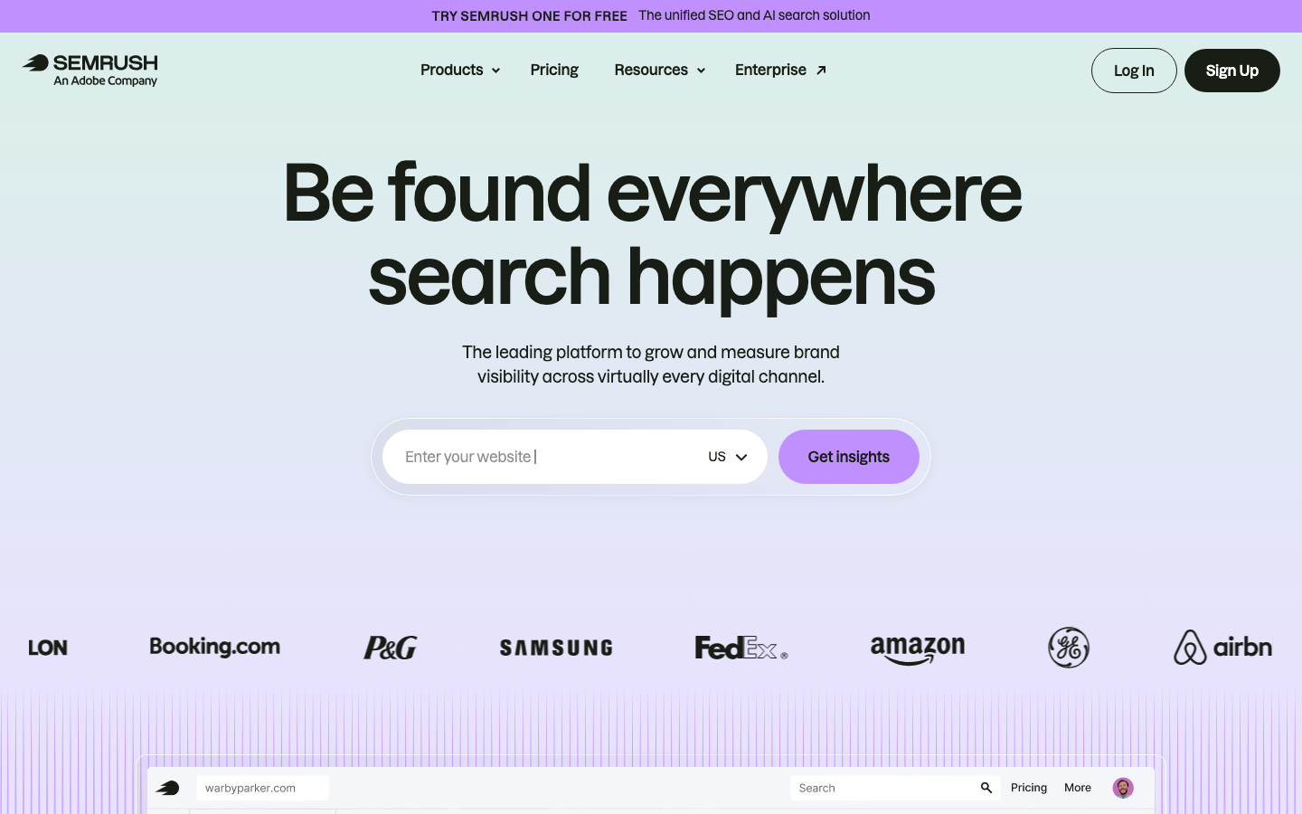 Semrush homepage showing SEO platform with built-in link building and outreach tools