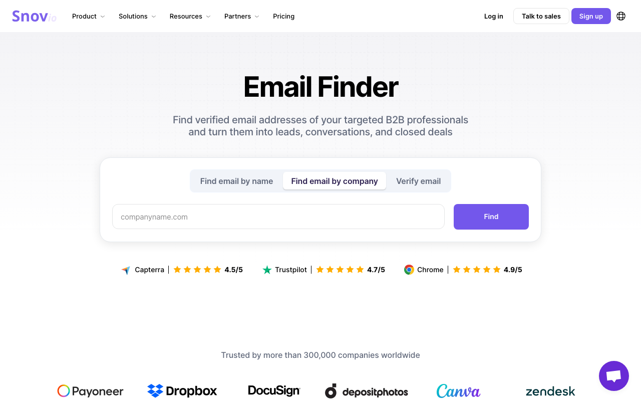 Snov.io email finder interface with Find email by company search