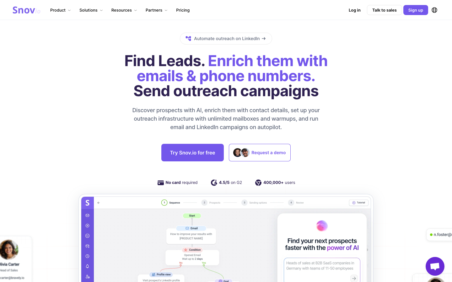 Snov.io homepage showing all-in-one email finding, verification and outreach platform