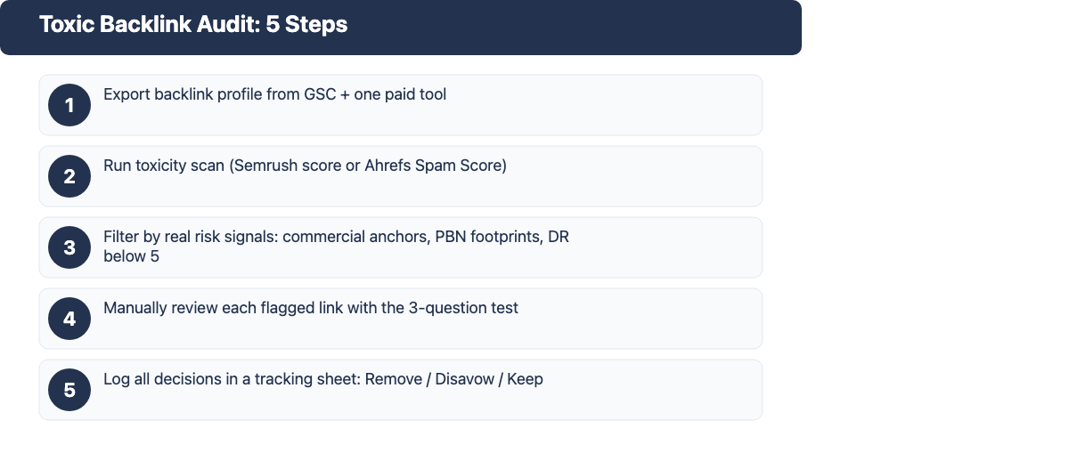 Five-step process for finding toxic backlinks: export, scan, filter, review, log